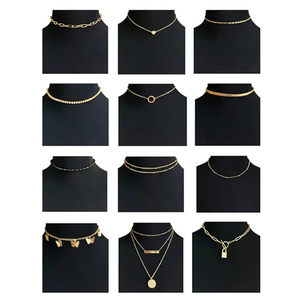 12pcs Chain Coin Moon Star Pearl Pendant Chain Choker Multilayer Necklace Leather Cord Set for Women Men Adjustable Gold Tone