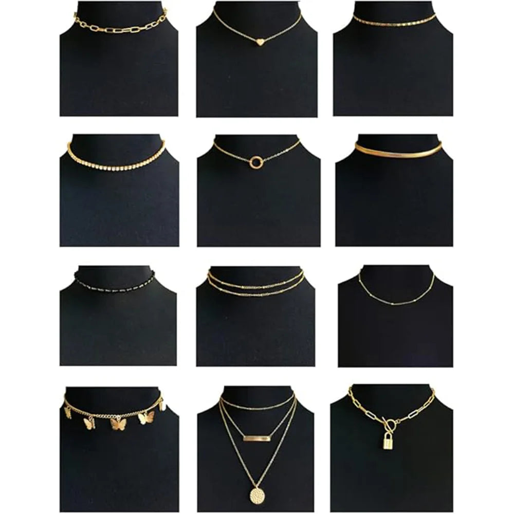 12pcs Chain Coin Moon Star Pearl Pendant Chain Choker Multilayer Necklace Leather Cord Set for Women Men Adjustable Gold Tone