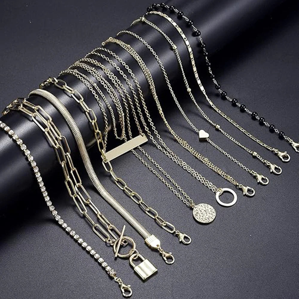 12pcs Chain Coin Moon Star Pearl Pendant Chain Choker Multilayer Necklace Leather Cord Set for Women Men Adjustable Gold Tone